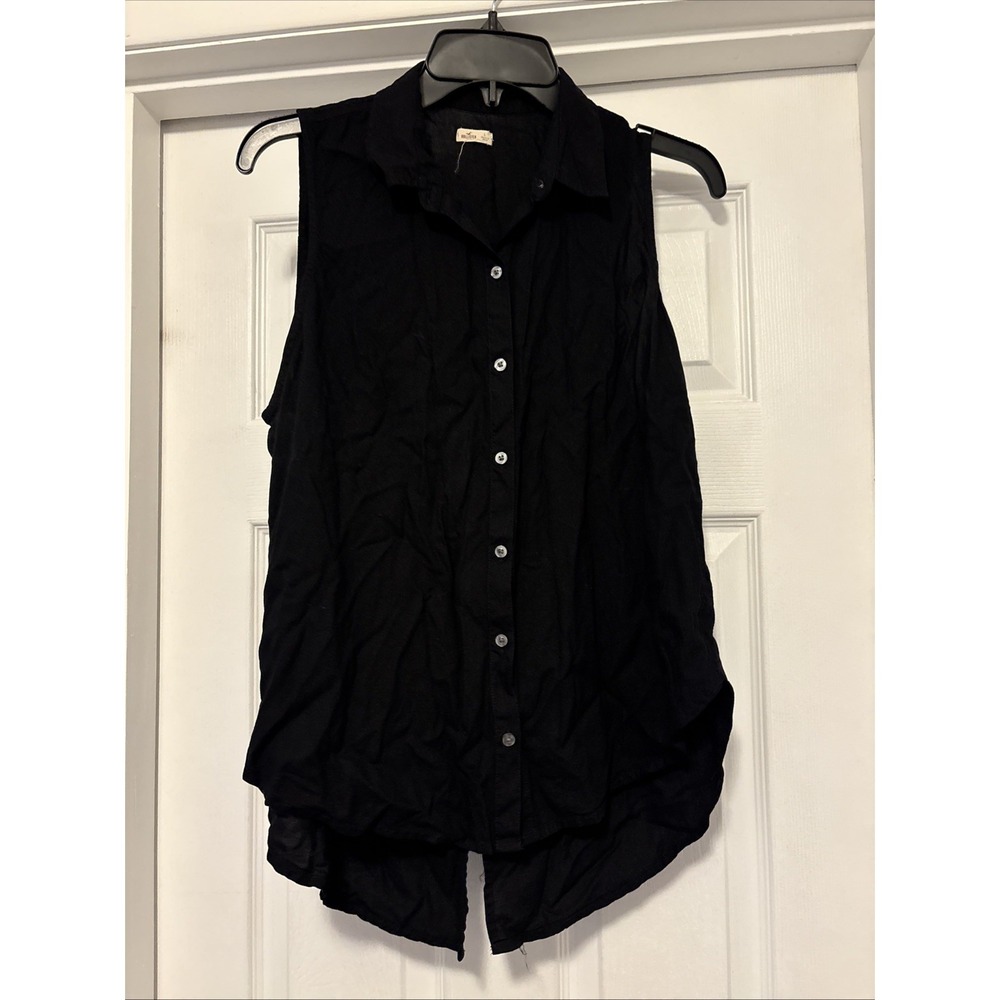 Women's L Black Button‎ Down Sleeveless Top Split Back Boho Layers Collared Goth